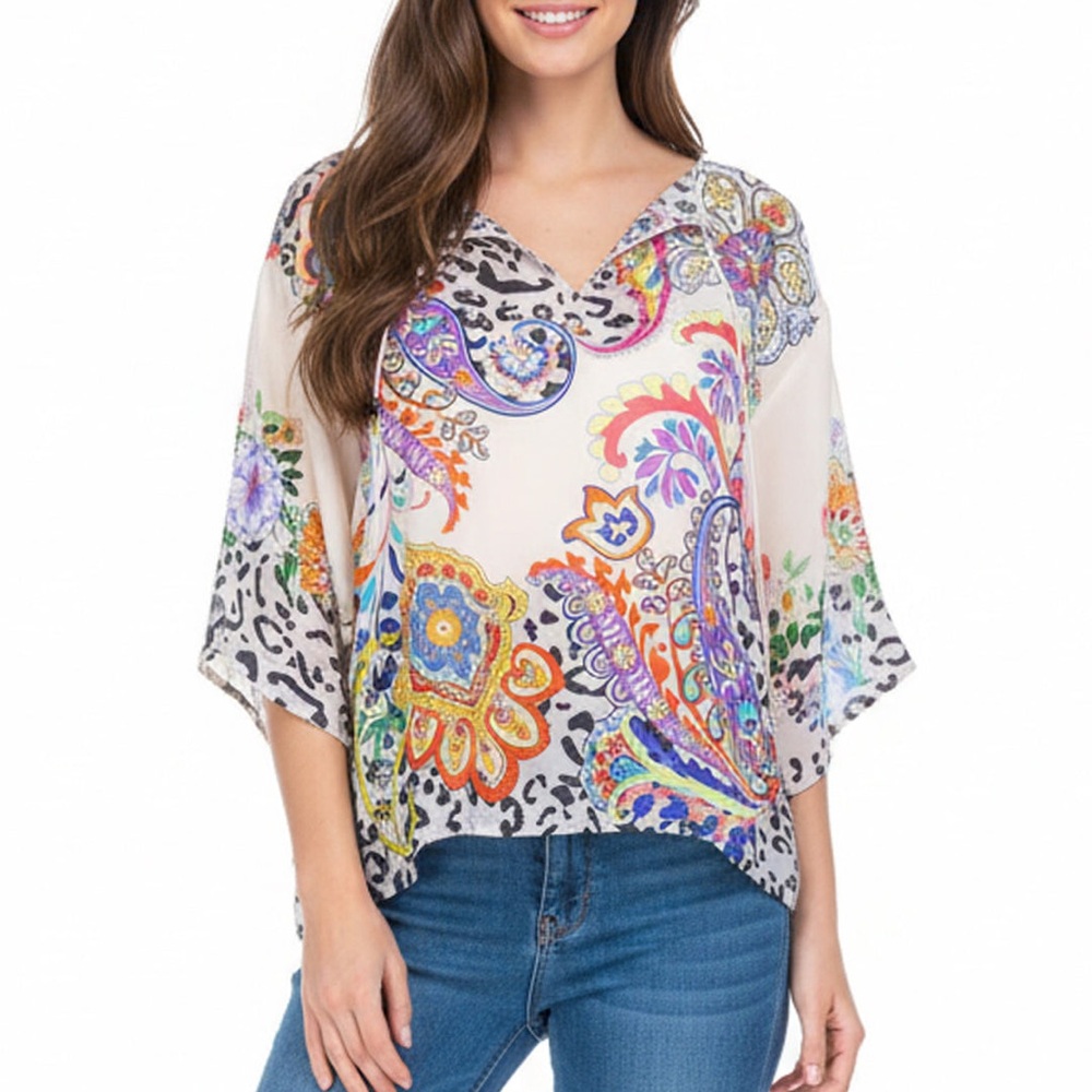 NWT Johnny Was Multicolor Paisley V-Neck Blouse